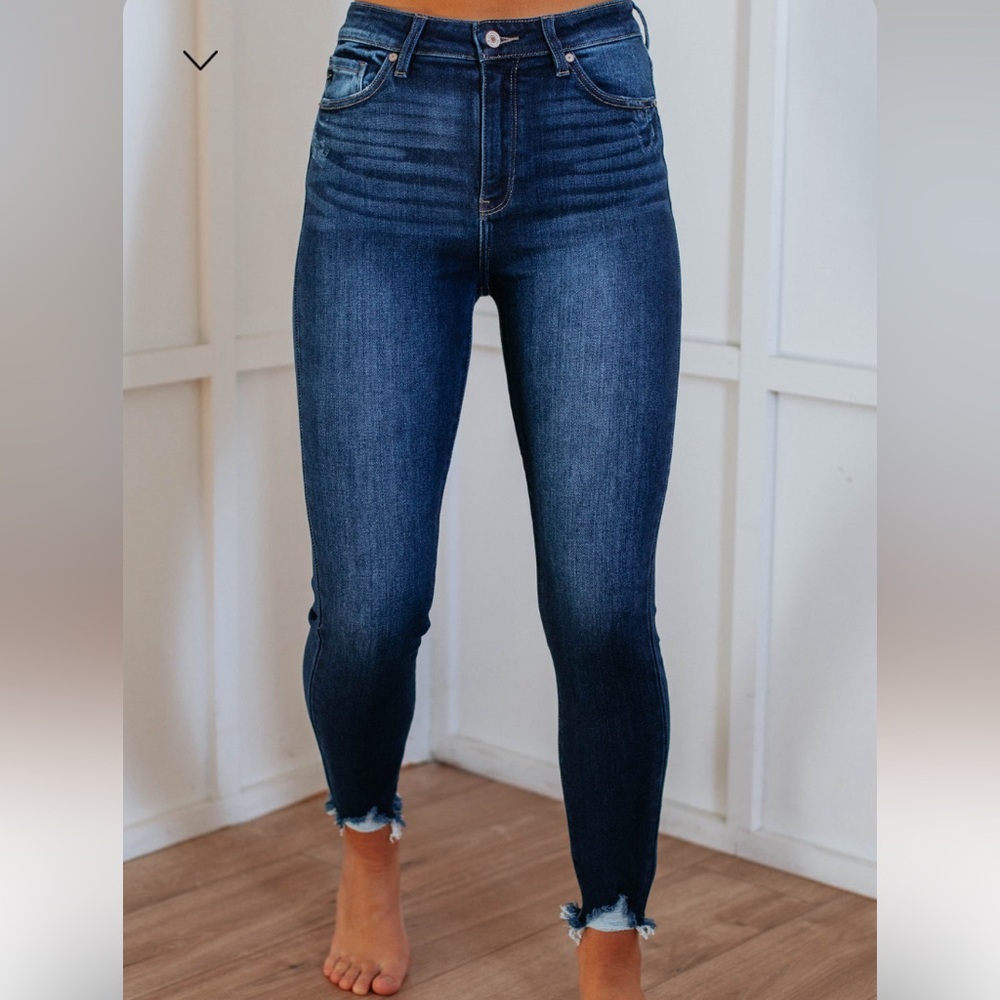 KanCan Blue Ankle Cropped Jeans with Frayed Hem